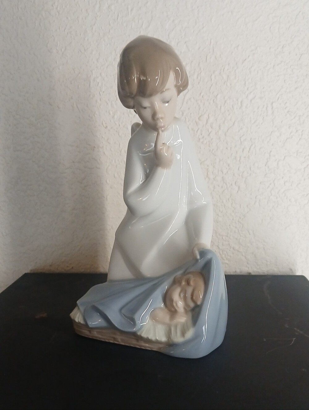 Glazed White Ceramic Angel Figurine with Pale Blue Blanket-Lladro#4635